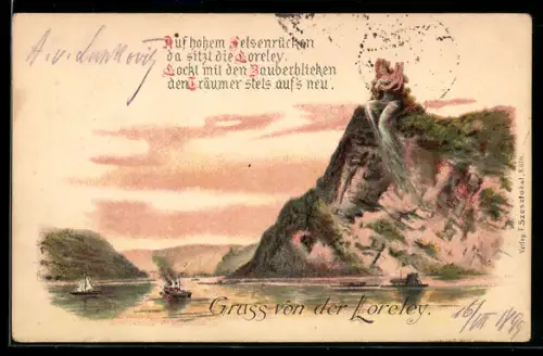 Lithographie Die Loreley sitzt mit Harfe auf ihrem Felsen am Rhein