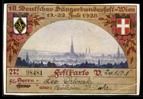 Künstler-AK Wien, 10. Deutsches Sängerbundesfest 1928, Festkarte V