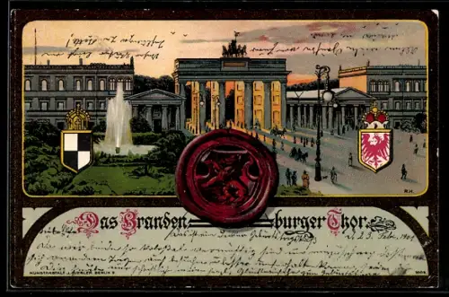 Lithographie Berlin, Brandenburger Tor, Strassenansicht im Abendlicht mit Wappen und Siegel