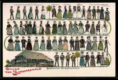 AK Badische Volkstrachten, Trachten der verschiendenen Regionen und Feste