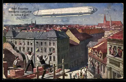 AK Graf Zeppelin`s Luftschiff in voller Fahrt über einer Stadt