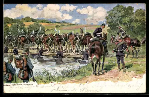 Künstler-AK Anton Hoffmann - München: Kavallerieschwadron überquert einen Fluss