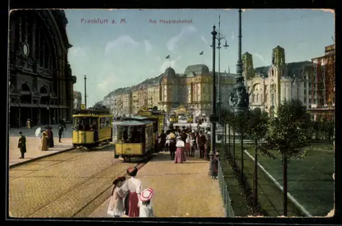 AK Frankfurt a. M., Strassenbahnen vor dem Hauptbahnhof
