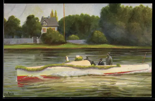 Künstler-AK Christopher Rave: das erfolgreichste deutsche Rennboot Blitz-Mädel / Mercedes um 1904