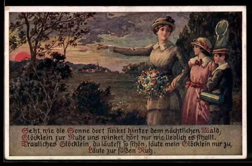 Künstler-AK sign. J. Duart: Ausflügler geniessen den Sonnenuntergang