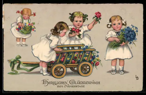 Künstler-AK Lia Döring: Kleine Gratulantinnen mit Blumen und Leiterwagen, Namenstagsgruss