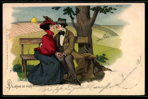 Künstler-AK Bruno Bürger & Ottillie Nr. 718: Du ahnst es nicht!, Paar küsst sich auf einer Bank