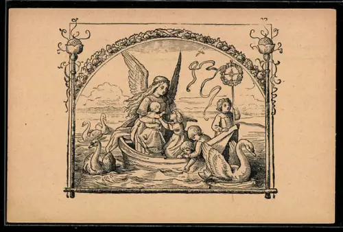 Künstler-AK Ludwig Richter: Kinder mit Engel in einem Boot