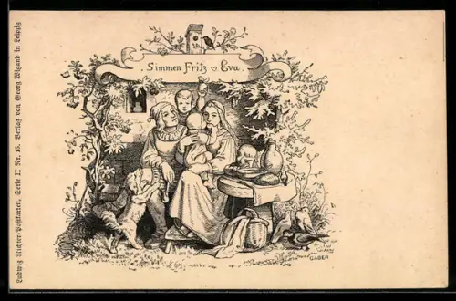 Künstler-AK sign. Gaber: Paar mit Kindern und Hund auf einer Gartenbank