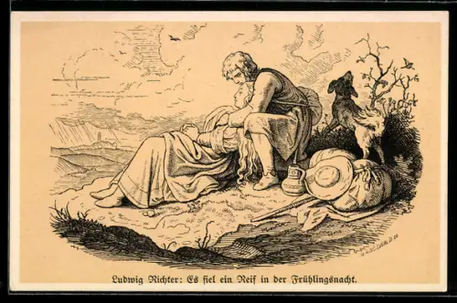 Künstler-AK Ludwig Richter: Es fiel ein Reif in der Frühlingsnacht, Liebespaar auf Wanderschaft