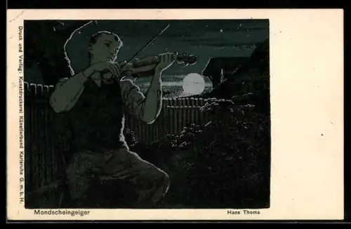 Künstler-AK Hans Thoma: Mondscheingeiger, Knabe spielt im Garten