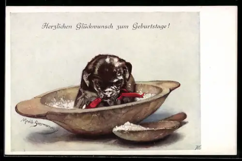 Künstler-AK Mechli Grosmann, Hundewelpe in gefüllter Breischale, Geburtstagsgruss