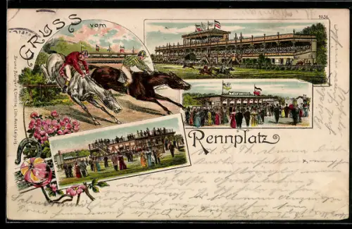 Lithographie Gruss vom Rennplatz, Reiter beim Hürdensprung, Gebäudeansichten