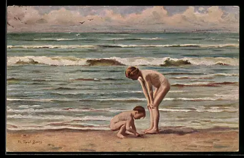 Künstler-AK sign. Fr. Paul Bang: Sommerzeit, Kinder am Strand