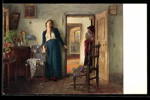 Künstler-AK sign. Adolf Echtler: Verlassen, Frau steht verzweifelt allein in ihrem Haus