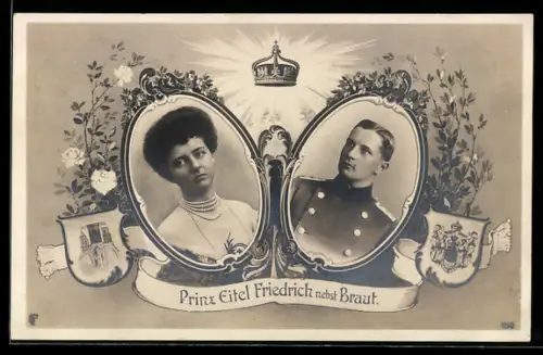 AK Prinz Eitel Friedrich von Preussen nebst Braut, im Rahmen, Krone, Wappen
