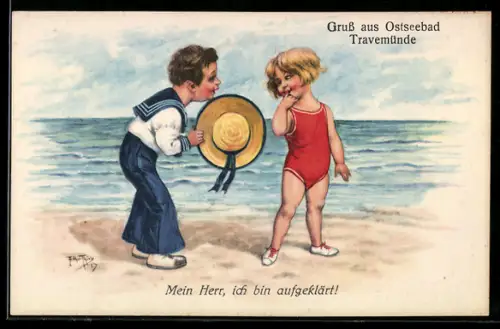 Künstler-AK Arthur Thiele: Travemünde, Mein Herr, ich bin aufgeklärt!, Kleines Paar am Strand