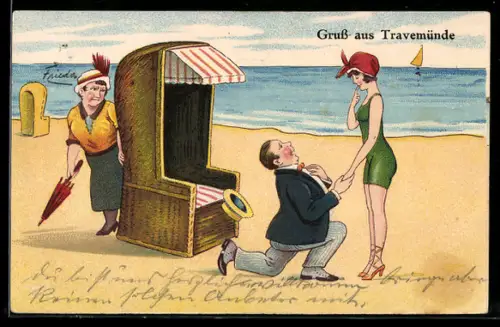 AK Travemünde, Ehefrau entdeckt Gemahl mit junger Dame am Strand, Strandkorb