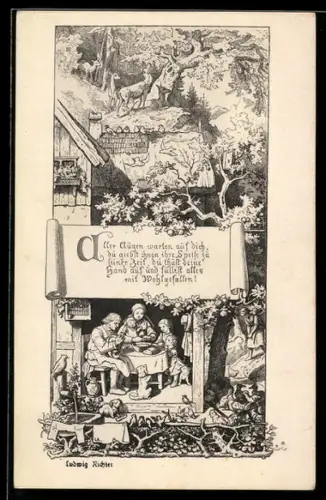 Künstler-AK Ludwig Richter: Bauernfamilie beim Essen & Rehe im Wald