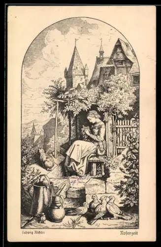 Künstler-AK Ludwig Richter: Sommer, Allegorie, Mädchen in Garten