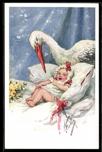 Künstler-AK Karl Feiertag: Storch mit einem Kleindkind auf Kissen und Rosenstrauss