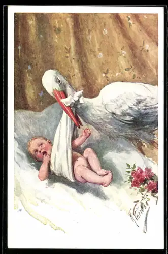 Künstler-AK Karl Feiertag: Storch bringt ein Baby