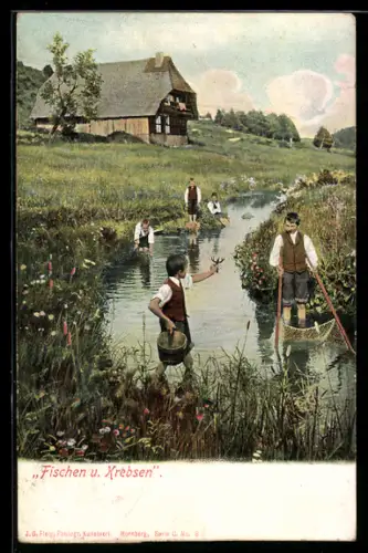 AK Kinder fangen Fische und Krebse im Bach