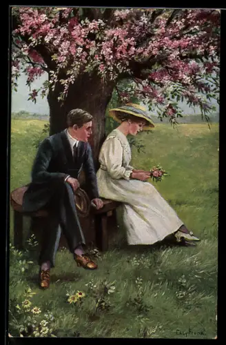 Künstler-AK Elly Frank: Paar sitzt unter einem blühenden Baum