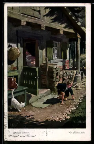 Künstler-AK Oskar Herrfurth: Hänsel sammelt Steine vor dem Haus auf