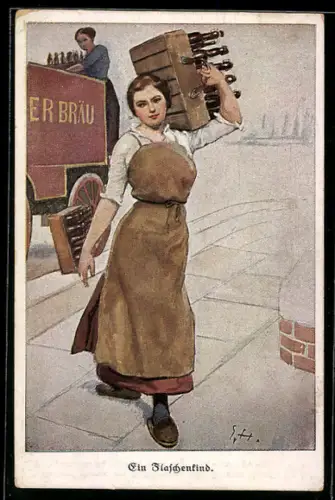 Künstler-AK Ernst Heilemann: Ein Flaschenkind, Junge Frau trägt einen Kasten voller Flaschen auf der Schulter