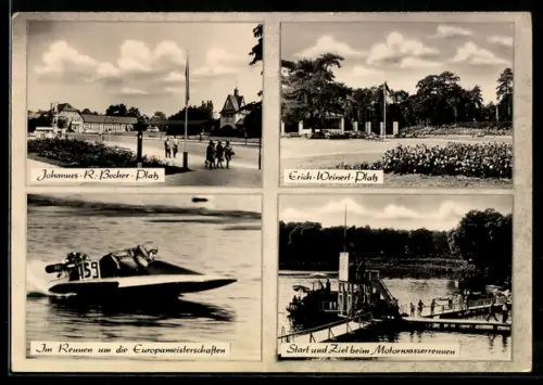 AK Bad Saarow-Pieskow, Johannes-R.-Becher-Platz, Erich Weinert-Platz, Motorwasserrennen