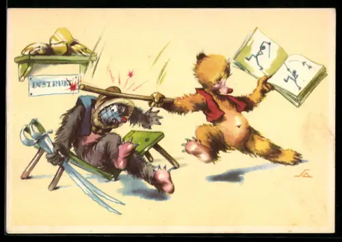 AK Die zwei Bären, Fechtübung, der eine Bär schlägt dem anderen mit dem Stock auf den Kopf