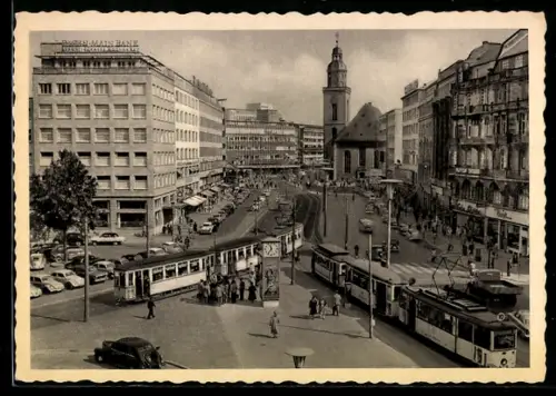AK Frankfurt /Main, Rossmarkt mit Strassenbahnen und Katharinenkirche