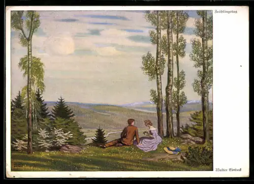 Künstler-AK Walter Einbeck: Frühlingstag, Paar bei Picknick