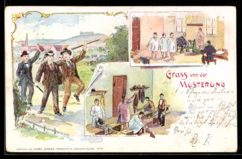 Lithographie Rekruten vor und während der Musterung