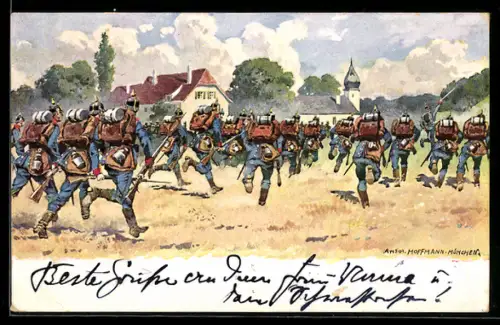 Künstler-AK Anton Hoffmann - München: Soldaten mit Pickelhaube im Laufschritt