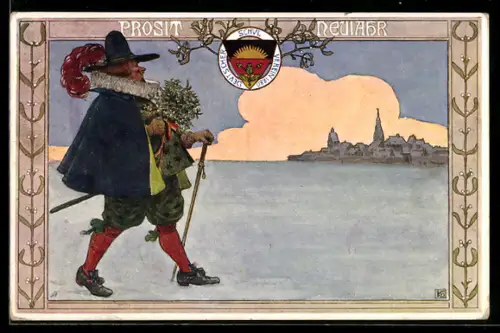 Künstler-AK Karl Friedrich Gsur, Deutscher Schulverein Nr. 77: Mann mit Mistelzweig läuft durch den Schnee