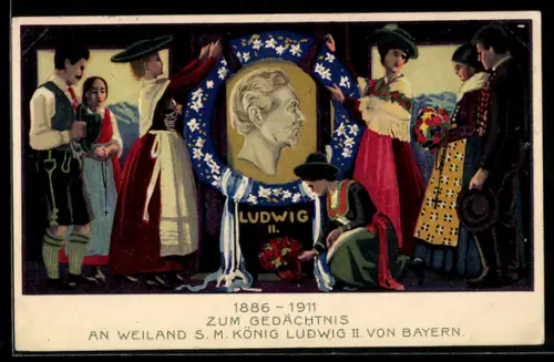 AK Menschen enthüllen ein Portrait König Ludwig II. von Bayern