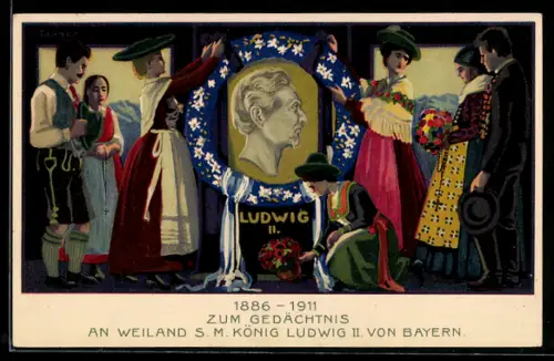 AK Menschen enthüllen ein Portrait König Ludwig II. von Bayern