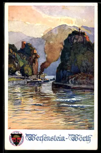 Künstler-AK Werfenstein-Wörth, Dampfer passiert die Ortschaft bei Sonnenuntergang, Deutscher Schulverein