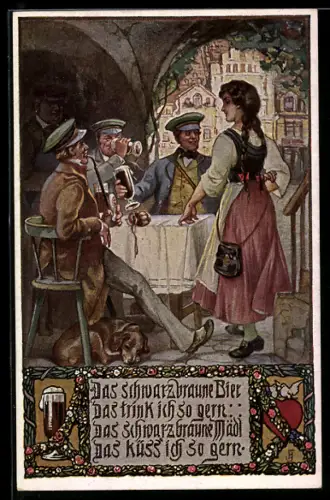 AK Studenten trinken schwarzbraunes Bier und flirten mit schwarzbraunem Mädel