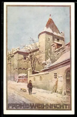 Künstler-AK Richard Moser: Frohe Weihnacht!, Strassenpartie in einer verschneiten Stadt