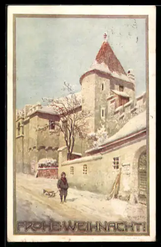 Künstler-AK Richard Moser: Weihnachtsgruss, Junge mit Schlitten auf einer verschneiten Strasse