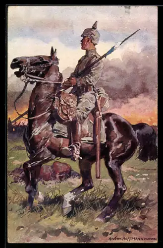 Künstler-AK Anton Hoffmann - München: Deutscher Kavallerist auf dem Schlachtfeld