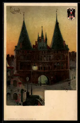 Künstler-AK Heinrich Kley: Lübeck, Holstentor in der Dämmerung, Wappen