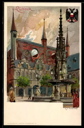 Künstler-AK Heinrich Kley: Lübeck, Haus mit Brunnen