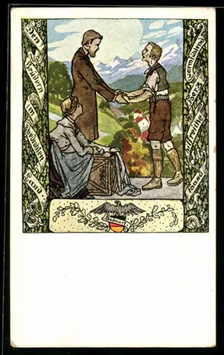 AK Den Brüdern im bedrohten Land..., Zwei Männer halten sich an den Händen, Wappen der Südmark