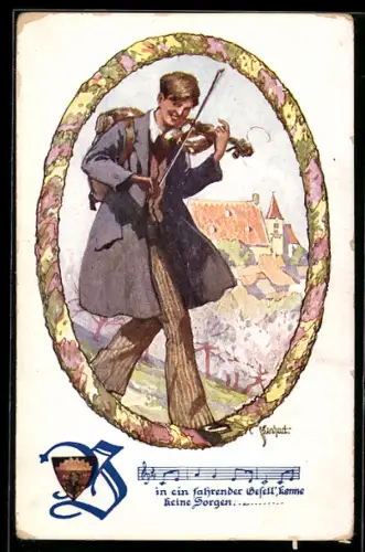 AK Deutscher Schulverein NR.1337: Bursche spielt ins Land ziehend eine Geige