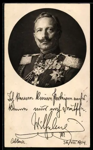 AK Kaiser Wilhelm II. in Uniform, Ich kenne keine Parteien mehr - kenne nur noch Deutsche!