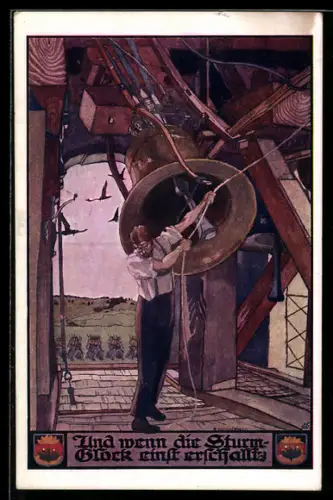 AK Deutscher Schulverein NR: 779, Infanterie beim Kriegsausmarsch, Glöckner betätigt Kirchenglocke